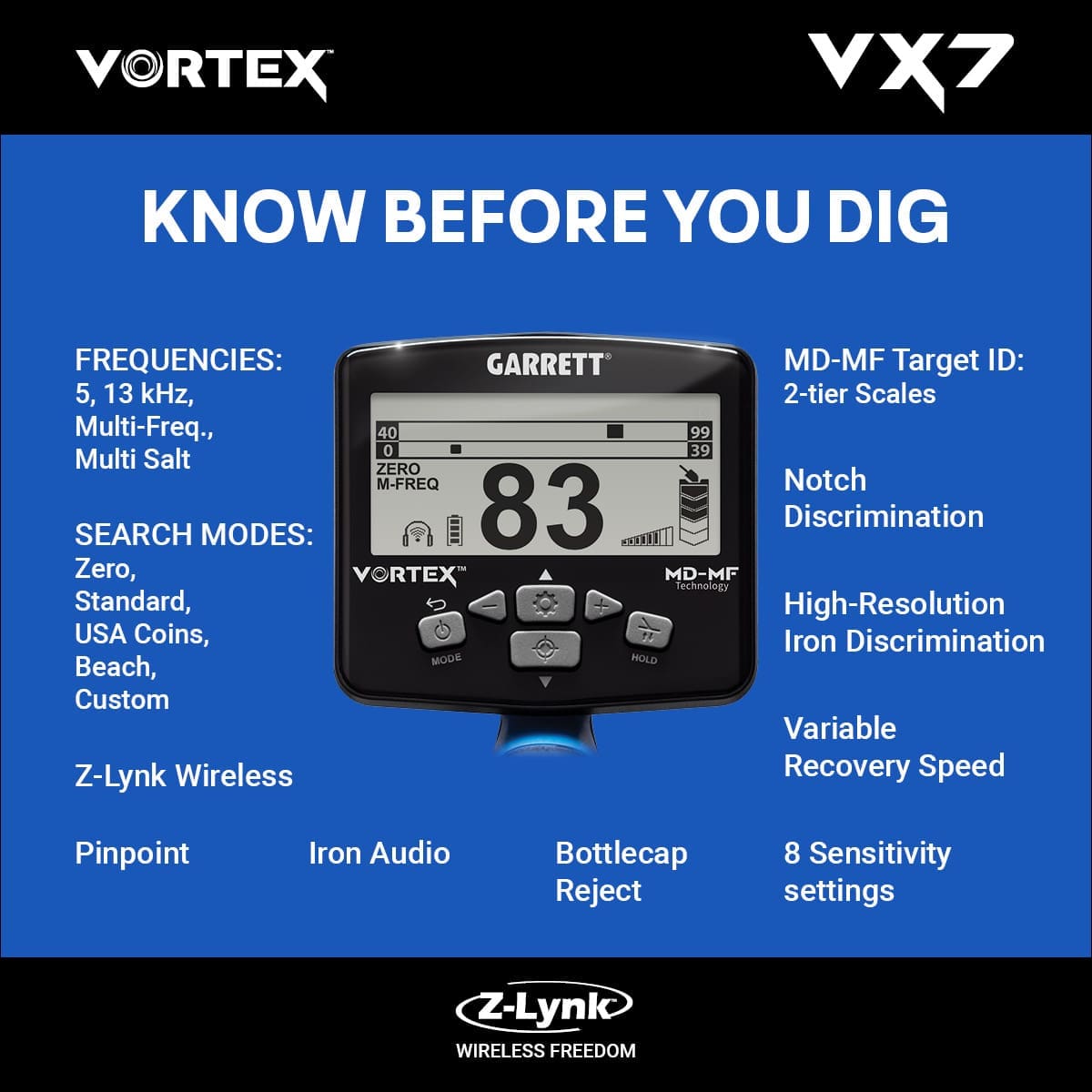 Erzincan Garrett Vortex VX7 Dedektör - VX7 hedef ID ekranı, iki katmanlı MD-MF okuma ile demir ve iletken hedefleri ayırmaya yardım eder.